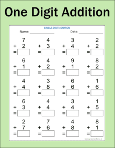 one digit simple addition worksheet