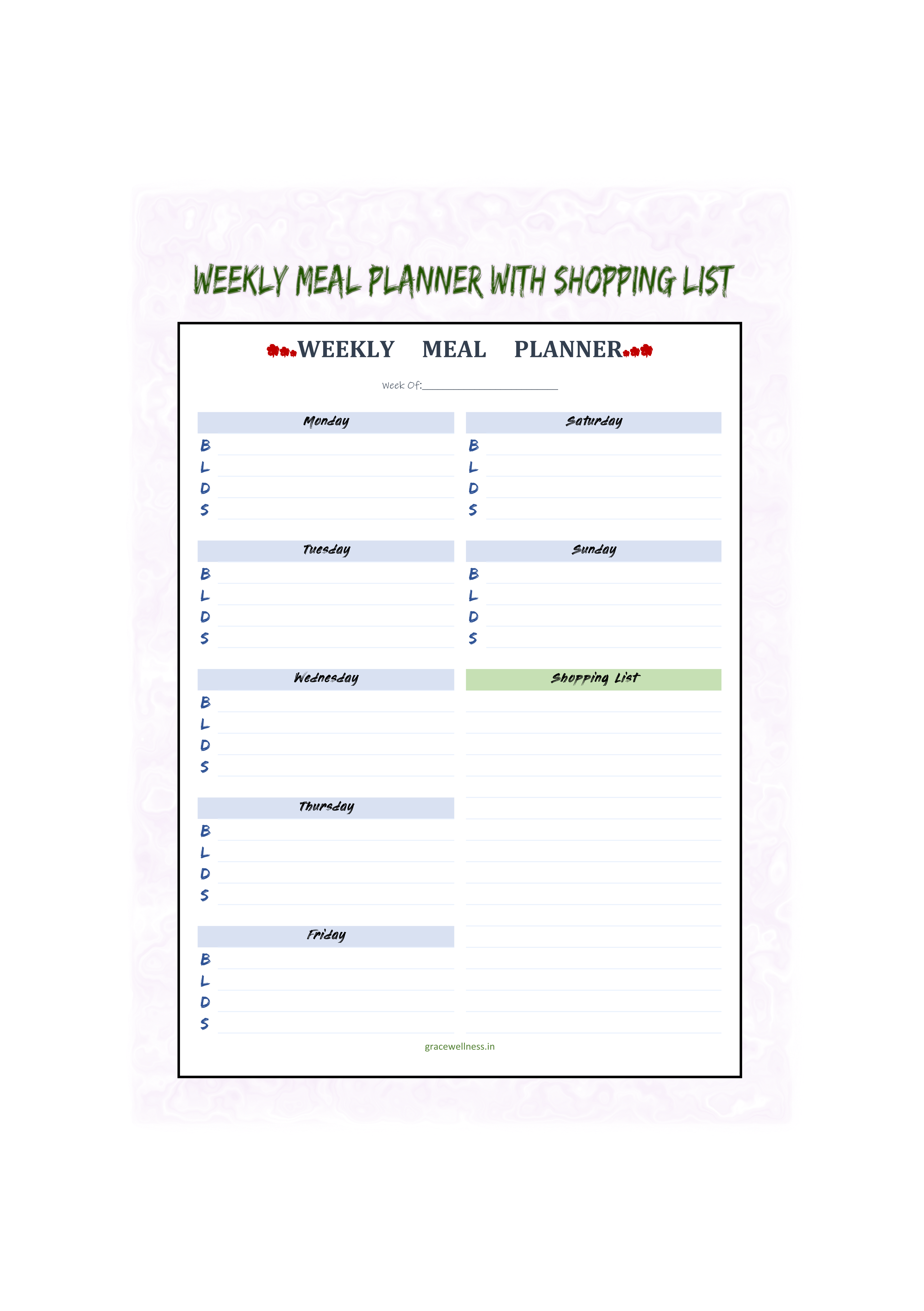 shopping list meal planner printable
