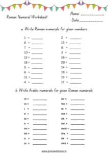 Roman Numerals 1 - 20 Worksheet translation