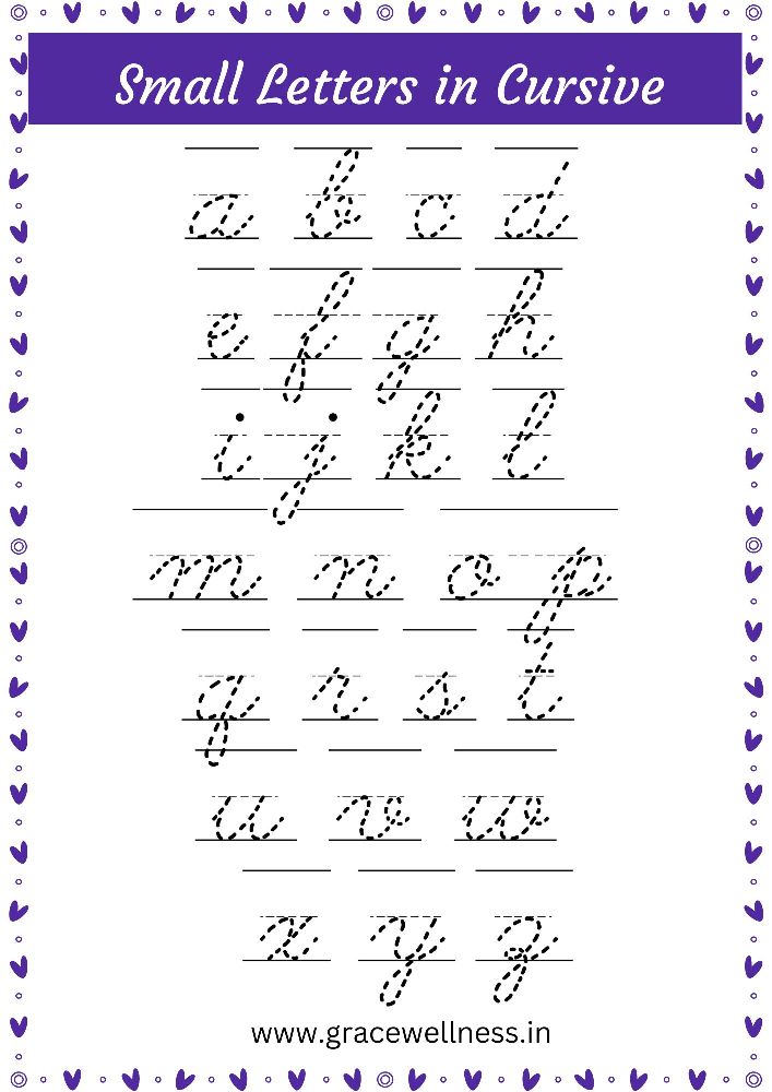 A to Z small letter cursive alphabet writing practice sheet