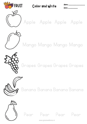 Fruit Names color and write worksheet for kindergarten