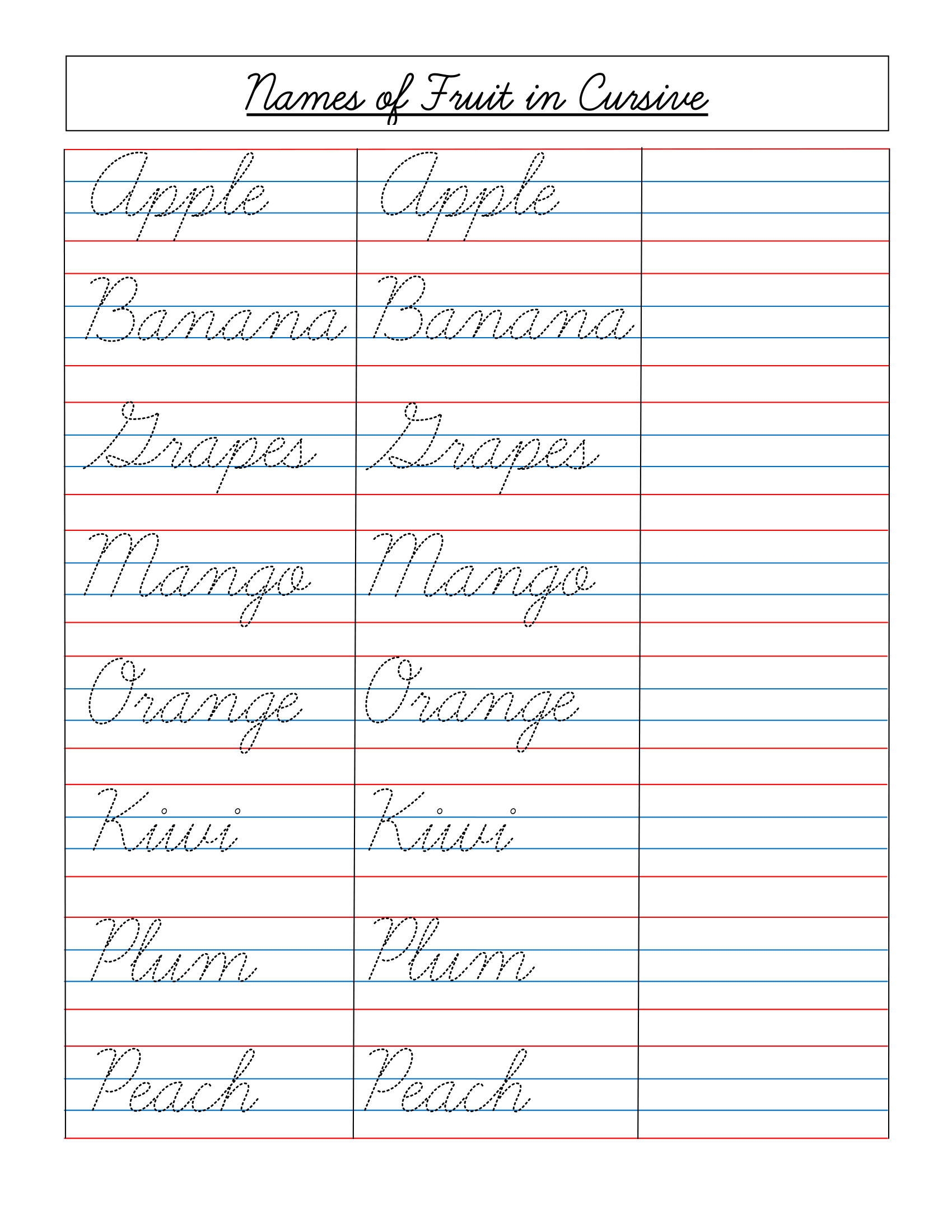 fruit name in cursive writing worksheet pdf