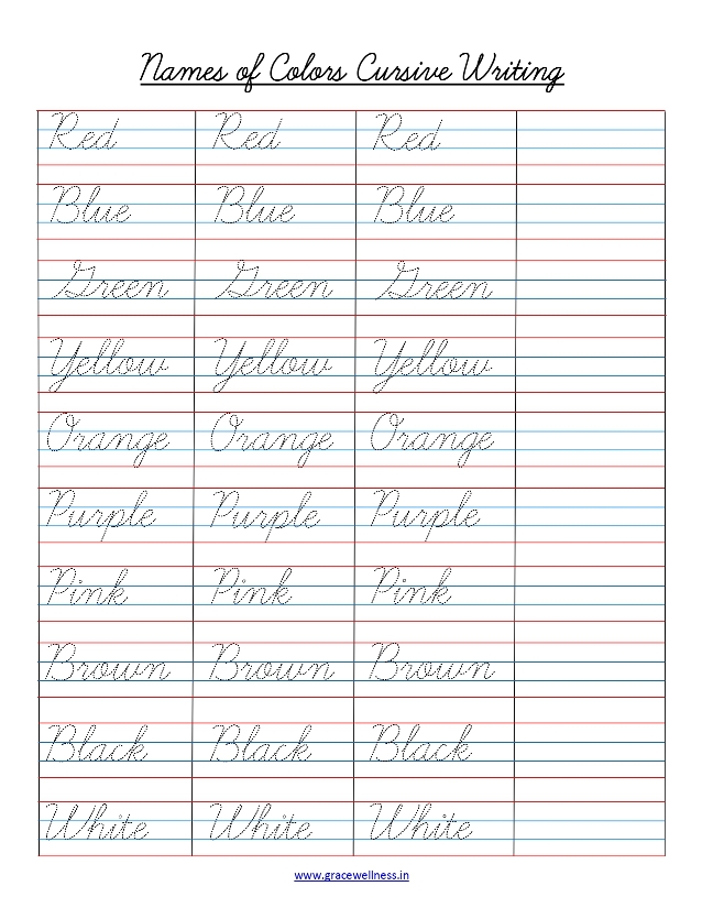 colors name in cursive writing worksheet pdf
