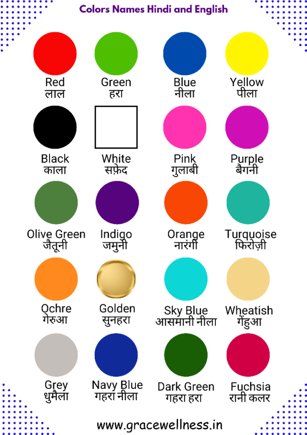 20 colors names in Hindi and English printable chart pdf